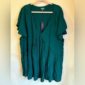 NWT Boutique Dark Green Flutter Sleeve Pleated Peasant Tunic Short Sleeve Top 6X